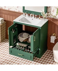 Sillysis 30 Inch Bathroom Vanity with Ceramic Sink, Solid Wood Frame, Soft Close Doors, Drawer and Double Door Shelves