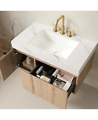 Busdays 36" floating bathroom vanity with sink, plywood cabinet, drawer and door, Carrara white sintered stone top, ceramic basin, pre assembled