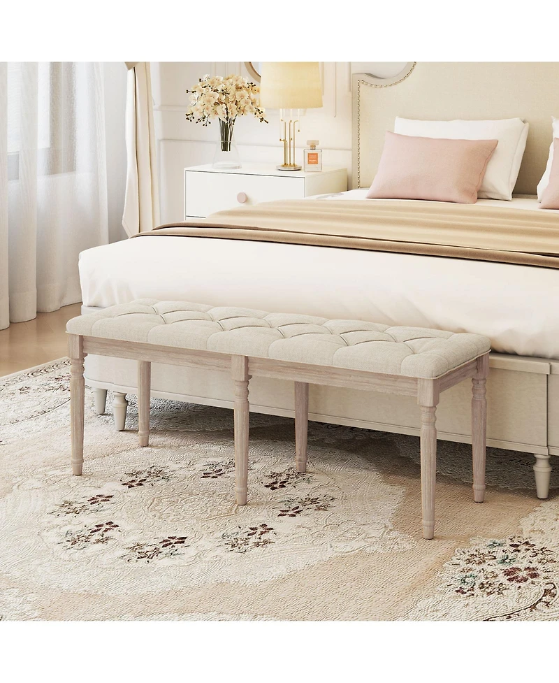 Slickblue Padded Upholstered Bench with Carved Rubberwood Legs
