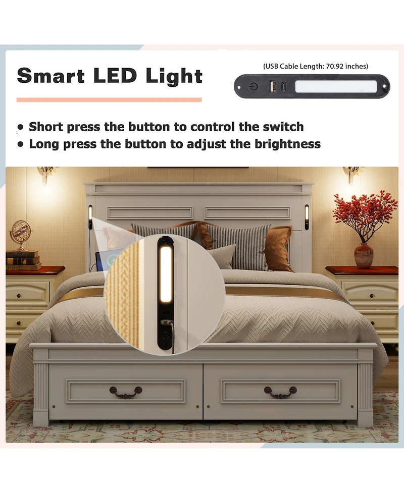 Rainsken Queen Bed Frame, with 2 Storage Drawers and Tall Headboard, Built-In Charging Station Led Lights