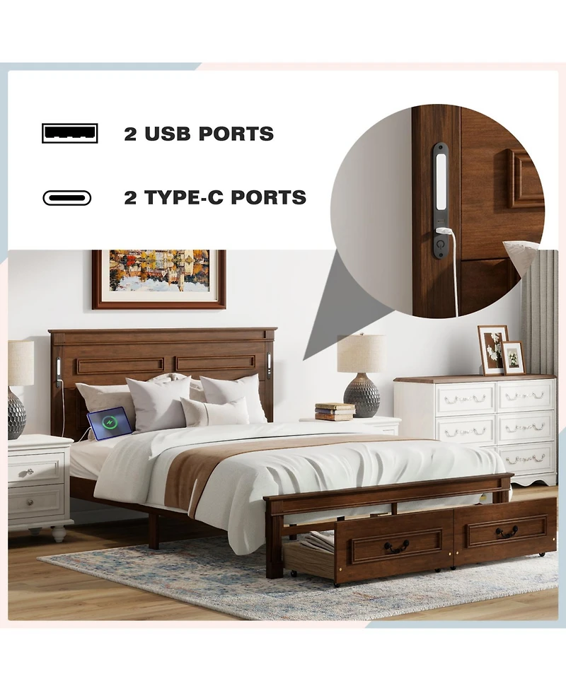 Rainsken Queen Bed Frame, with 2 Storage Drawers and Tall Headboard, Built-In Charging Station Led Lights