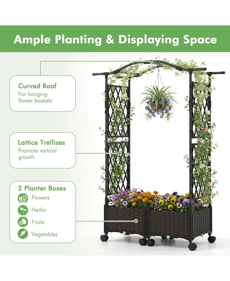 Gymax 5 Ft Self-Watering Planter Boxes With Lattice Trellis and Roof Lockable Wheels
