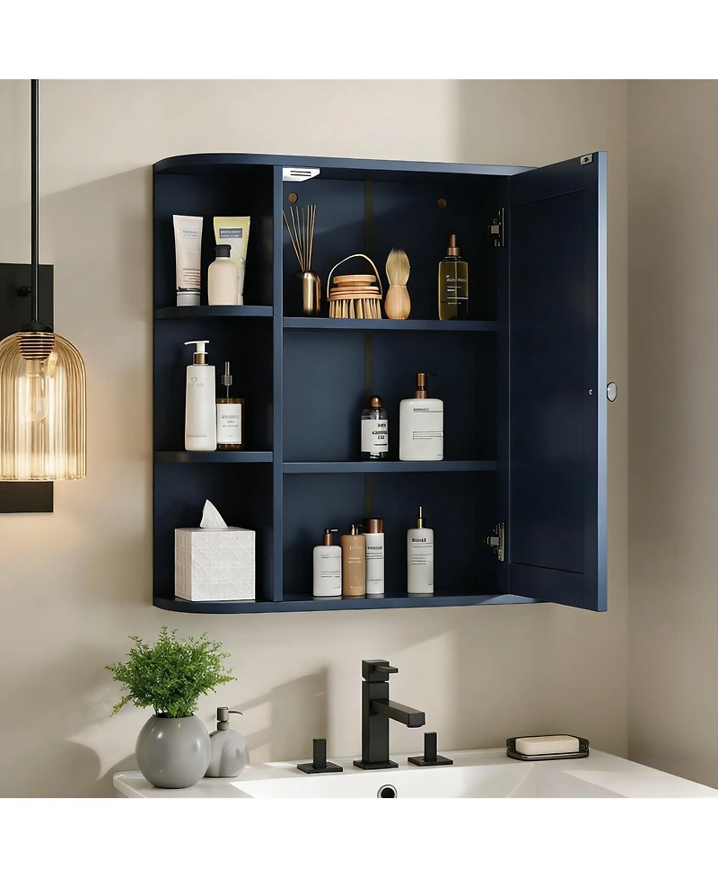 Busdays Bathroom Wall Storage Cabinet with Mirror Medicine Cabinet Adjustable Shelf 6 Open Shelves Doors Wall Mounted Organizer
