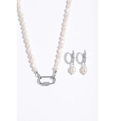 Joey Baby Baroque Pearl Silver-Tone Stainless Steel Necklace And Huggie Earring Set