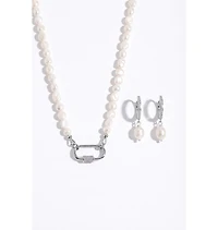 Joey Baby Baroque Pearl Silver-Tone Stainless Steel Necklace And Huggie Earring Set