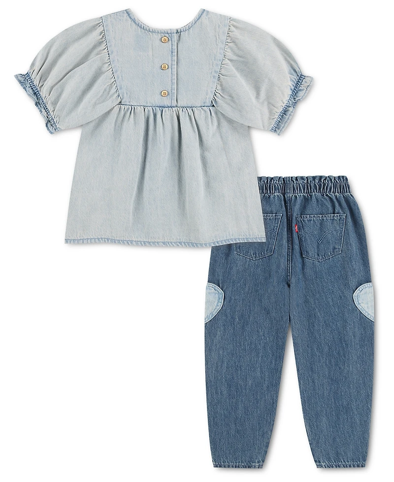 Levi's Girls' Toddler 2T-5T Yoke Short-Sleeve Top and Pants, 2-Piece Set