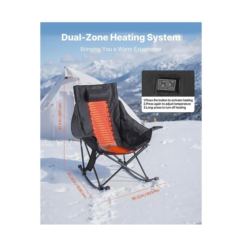Sugift Heated Camping Chair 3 Heating Settings Large-Sized Padded Folding Rocker