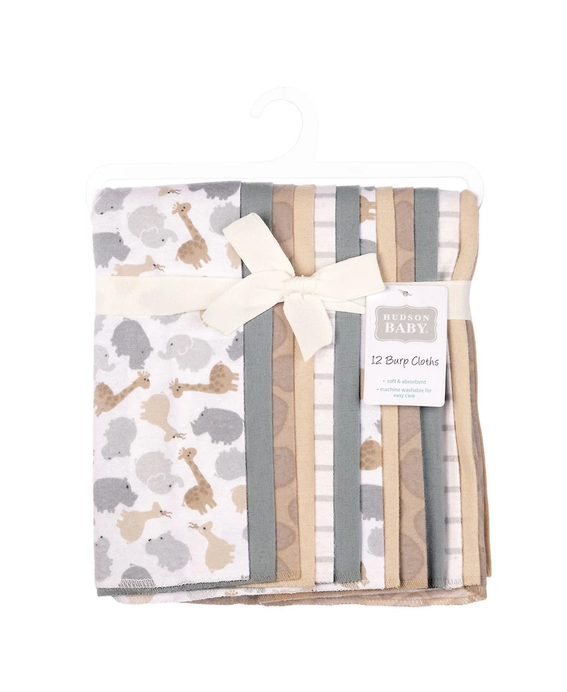 Hudson Baby Infant Cotton Poly Flannel Burp Cloths Bundle 12-Pack, Safari Friends, One Size
