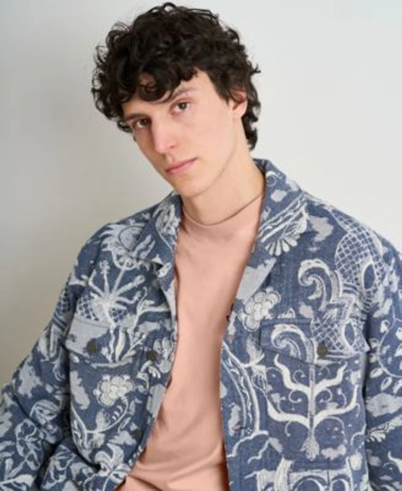 Scotch Soda Mens Delfts Blauw Jacquard Matching Set Paired With Misty Rose Handpainted Graphic T Shirt
