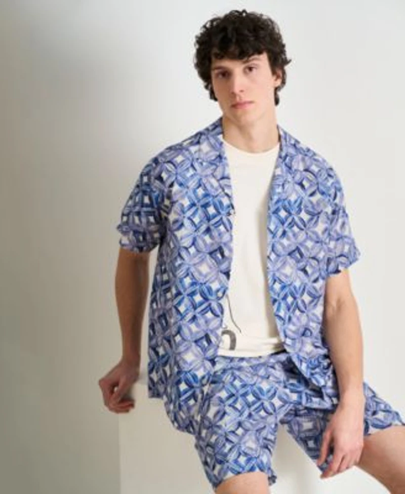 Scotch Soda Mens Tiles Flower Blue Matching Set Paired With Short Sleeve Dove Face Graphic T Shirt