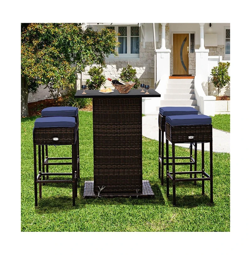 Boyel Living 5 Pieces Patio Rattan Bar Table Stool Set Hidden Storage Shelf Cushioned