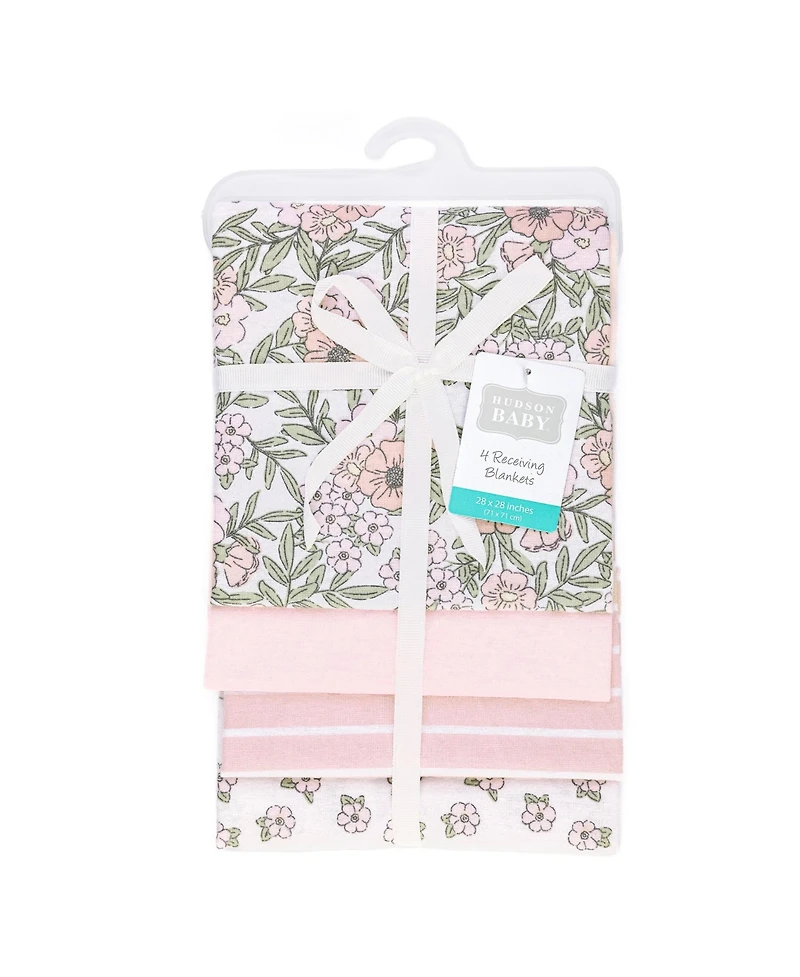 Hudson Baby Girl Cotton Poly Flannel Receiving Blankets 4-Pack, Soft Pink Floral, One Size