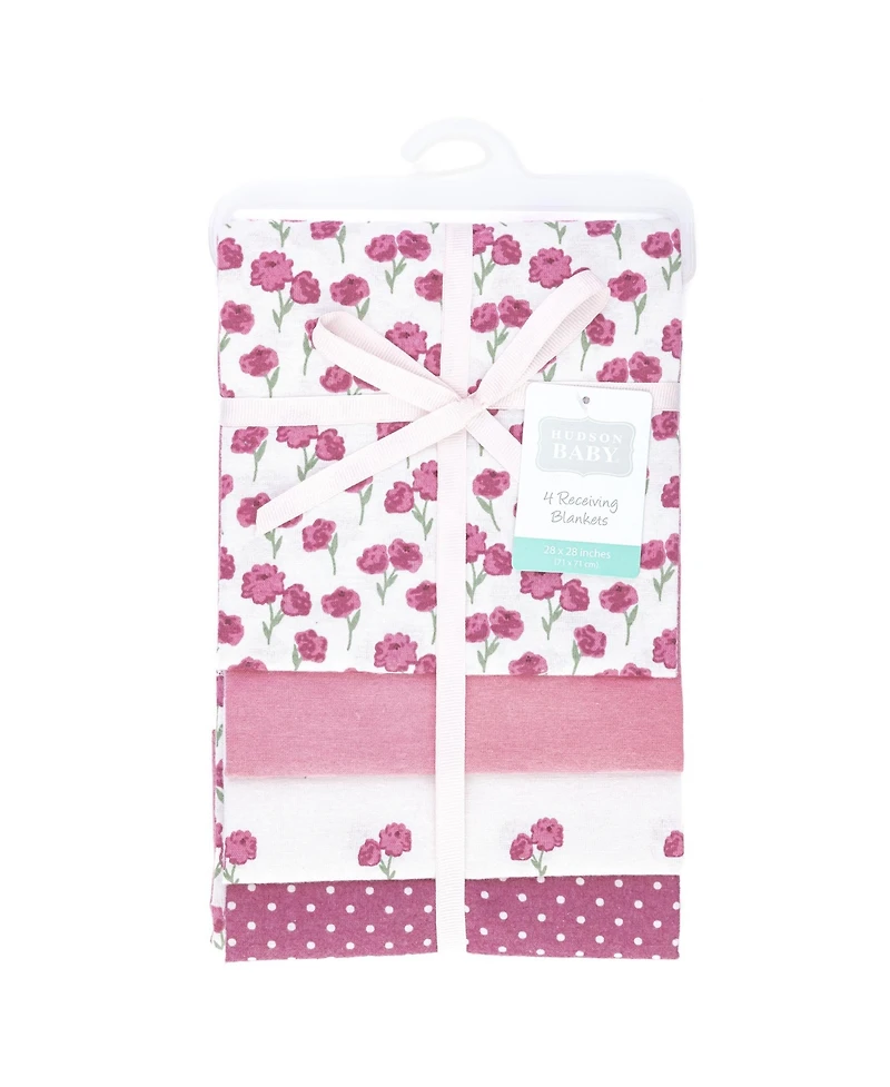 Hudson Baby Girl Cotton Poly Flannel Receiving Blankets 4-Pack, Wild Rose Floral, One Size
