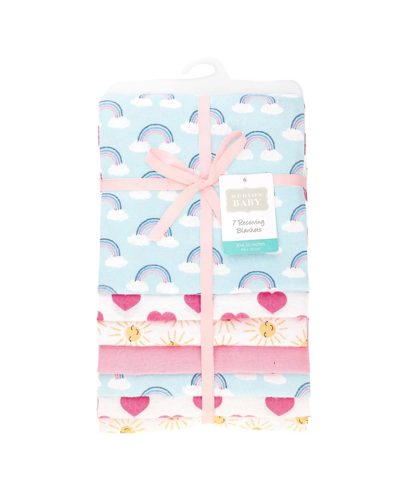 Hudson Baby Girl Cotton Poly Flannel Receiving Blankets Bundle, Cloudy Rainbow, One Size