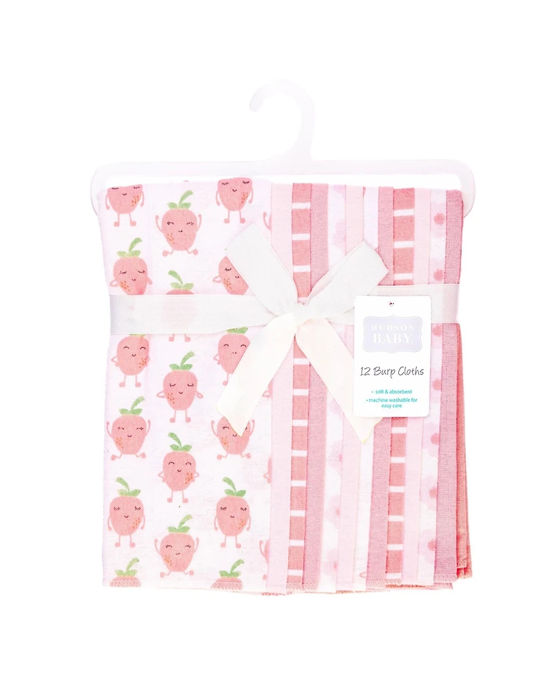 Hudson Baby Girl Cotton Poly Flannel Burp Cloths Bundle 12-Pack, Happy Strawberries, One Size