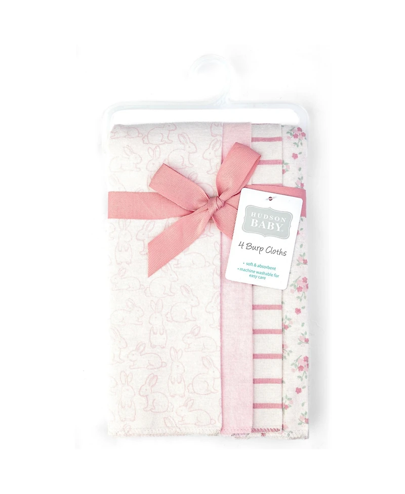 Hudson Baby Girl Cotton Poly Flannel Burp Cloths -Pack, Wispy Wild Flower Bunny