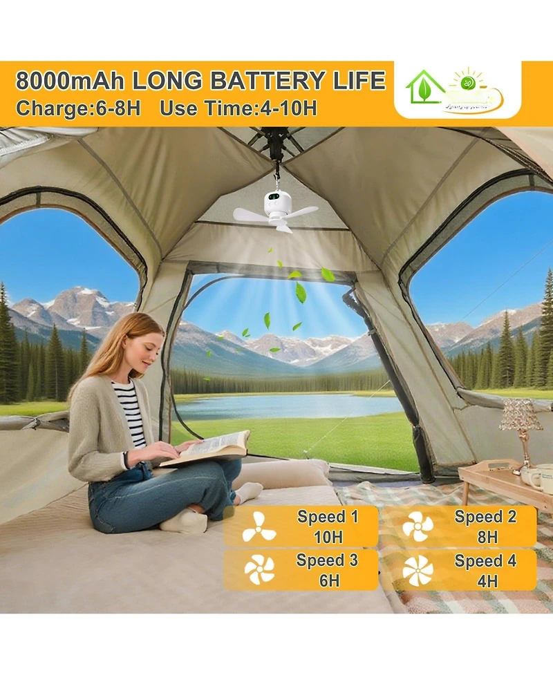 Gnuadz 11" Portable Camping Fan with Lights Hanging Rechargeable Remote Control 8000mAh