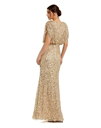 Mac Duggal Petite Sequin Draped Sleeve V-Neck Gown