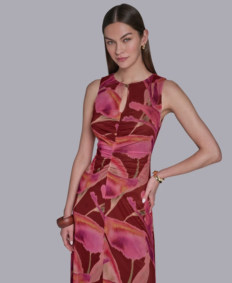 Halston Women's Printed Crewneck Bodycon Keyhole Detail Midi Dress