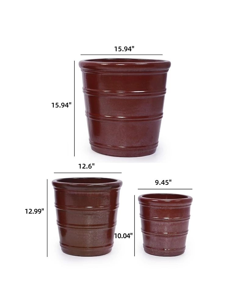 Clihome Handmade Glazed Ceramic Planter Set of 3, 16/13/10 Inch Diameter, Horizontal Rib Design, for Outdoor Garden & Indoor Staircase Use