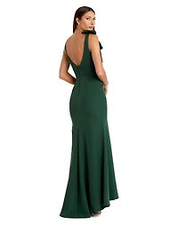 Mac Duggal Women's Petite Sleeveless V Neck Bow Detail Mermaid Gown