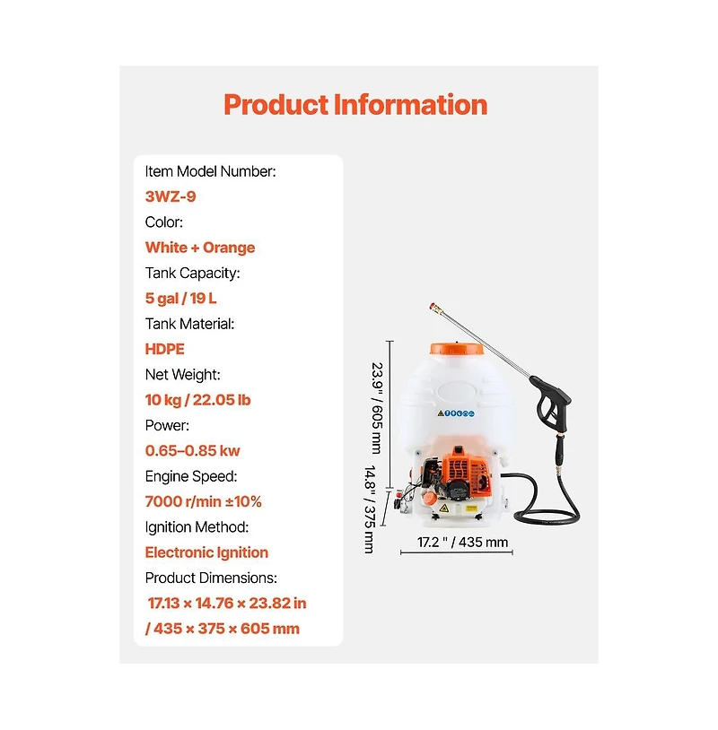 Sugift Gas Powered Backpack Sprayer 26.5CC 0.9HP Engine Garden Sprayer with 5 Gallon Tank