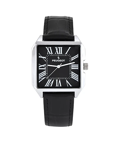 Peugept Men's Black Dial Square Vintage Dress Watch with Roman Numeral Dial and Leather Strap
