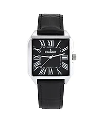 Peugept Men's Black Dial Square Vintage Dress Watch with Roman Numeral Dial and Leather Strap
