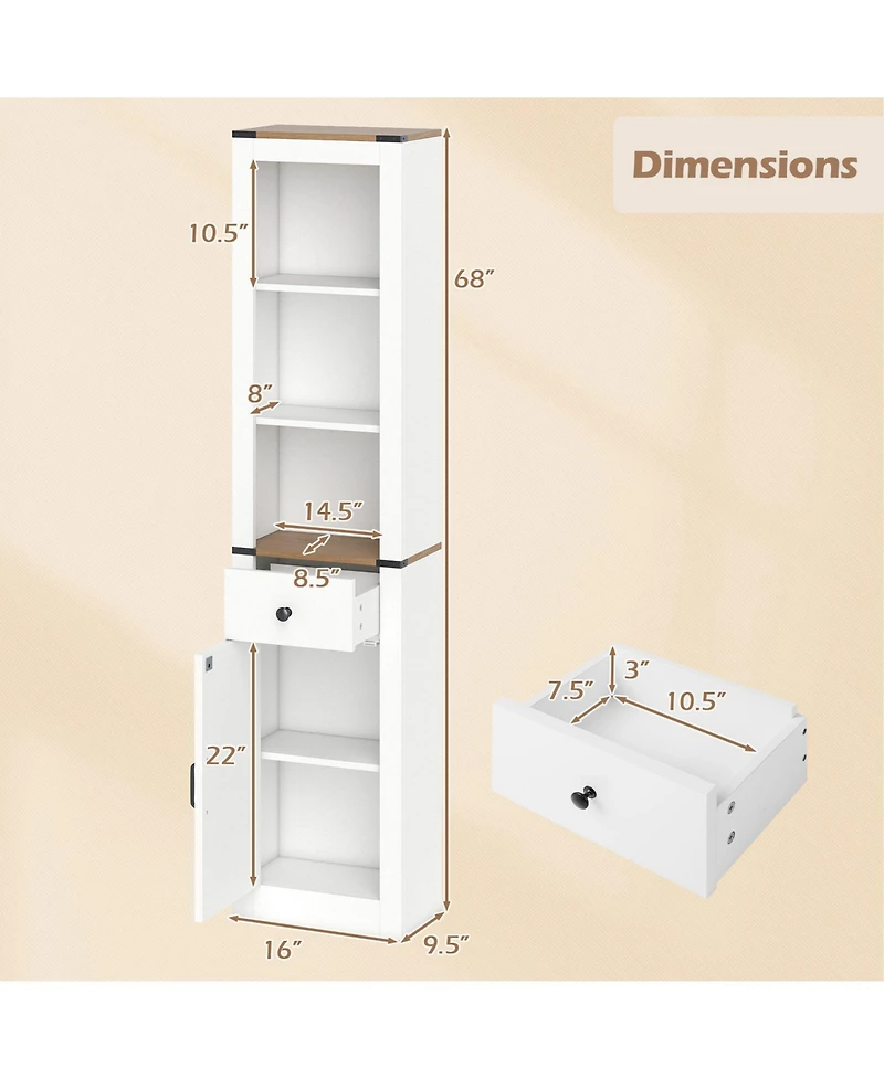 Gymax 68'' Tall Bathroom Cabinet w/ Barn Door Drawer and Adjustable Shelf for Laundry