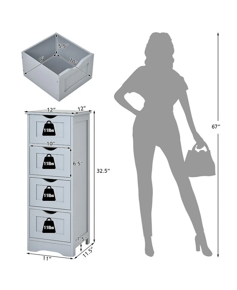 Gymax Bathroom Floor Cabinet Free Standing Storage Side Organizer W/4 Drawers
