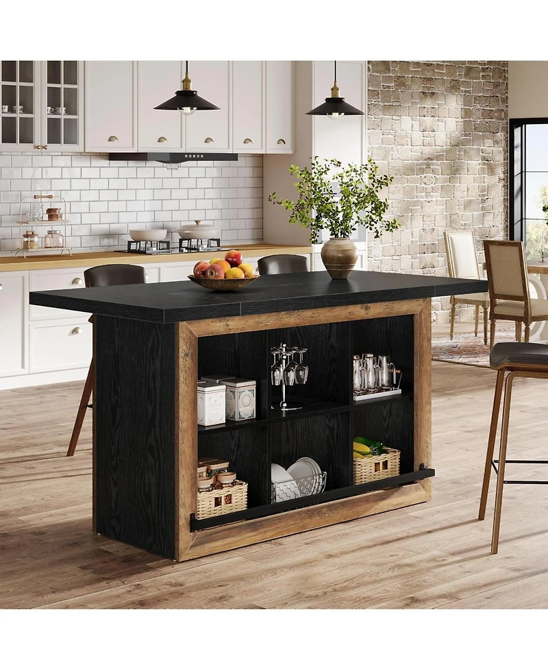 Tribesigns Kitchen Island with Storage, Farmhouse Table 6-Cubby Open Shelves and Metal Foot Rail