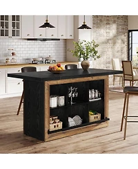 Tribesigns Kitchen Island with Storage, Farmhouse Table 6-Cubby Open Shelves and Metal Foot Rail