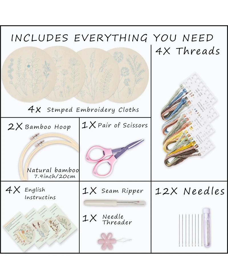 Gnuadz 4 Sets Embroidery Kit Beginners Clothes Pattern Hoops Threads