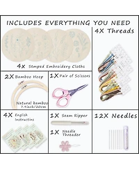 Gnuadz 4 Sets Embroidery Kit Beginners Clothes Pattern Hoops Threads