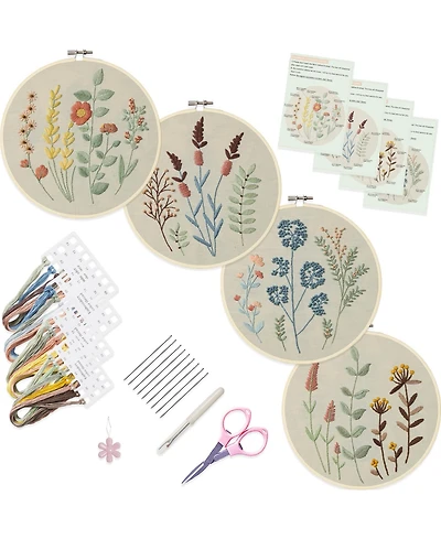 Gnuadz 4 Sets Embroidery Kit Beginners Clothes Pattern Hoops Threads