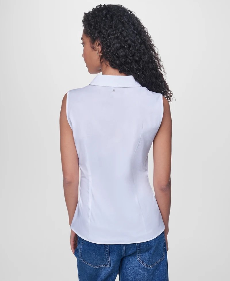 Dkny Jeans Women's Sleeveless Collared Twist Front Button-Up Shirt