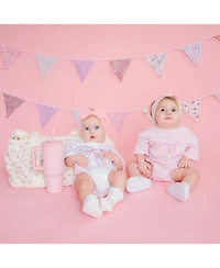 Sweet Wink Baby Girls Sky Blue Floral Bow Patch Short Sleeve Romper