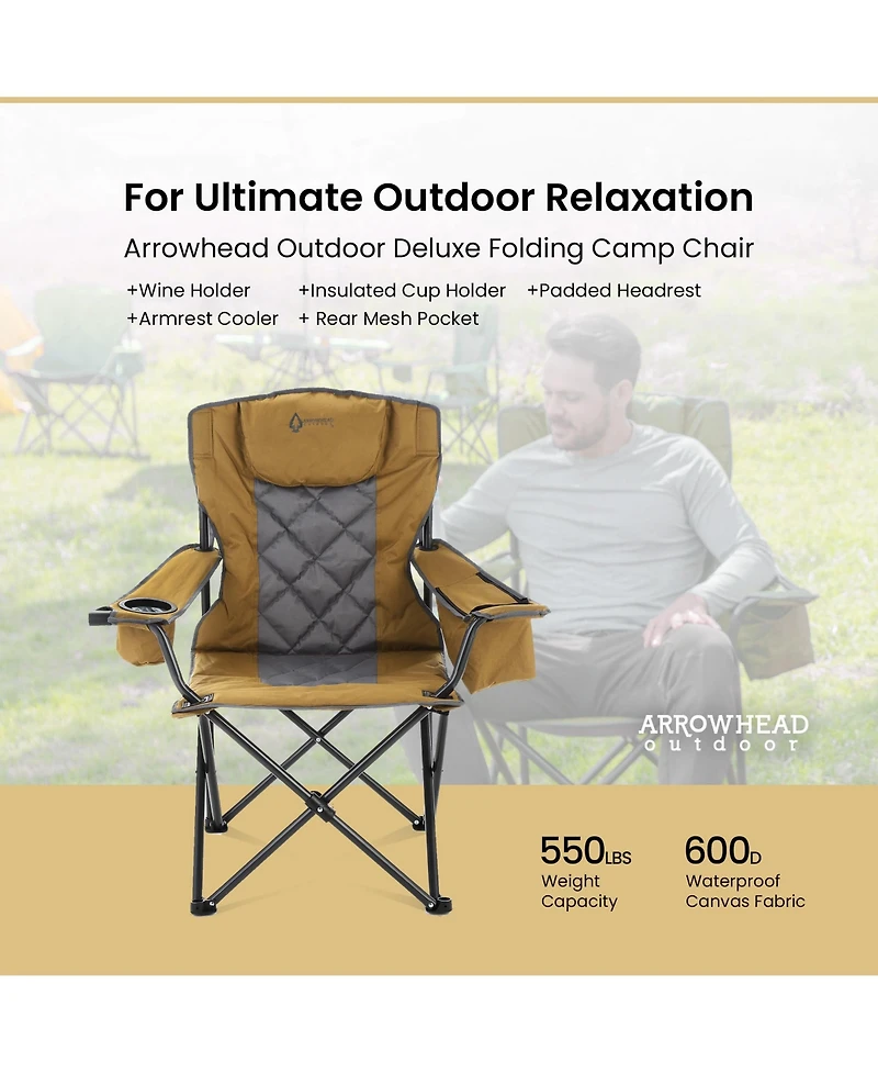 Arrowhead Outdoor Folding Camp Chair w/ Headrest, Cup and Wine Glass Holder, Armrest 6-can Cooler, Carry Bag, 550 lbs Capacity