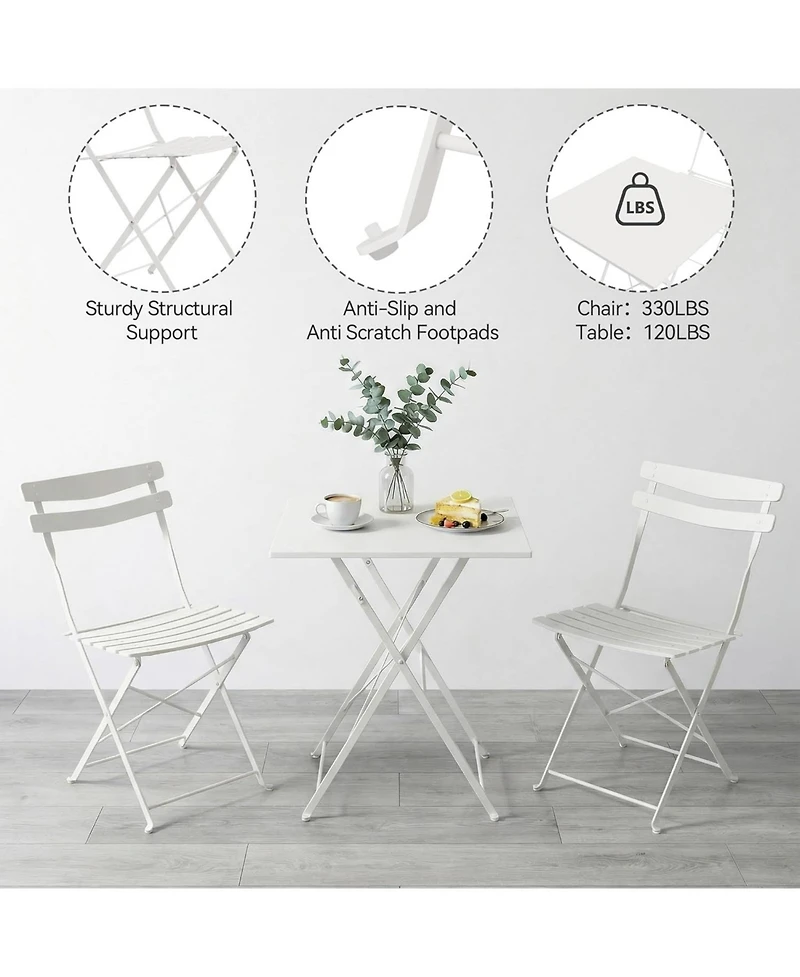 GarveeLife 3-Piece Folding Patio Bistro Set, Outdoor Metal Table and 2 Chairs, Weather-Resistant, Space-Saving Compact Furniture for Garden, Yard