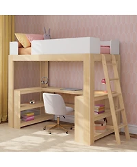 Max and Lily Mid-Century Modern Twin Loft Bed with Wraparound Desk Shelves