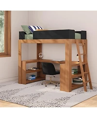 Max and Lily Mid-Century Modern Twin Loft Bed with Wraparound Desk and Shelves