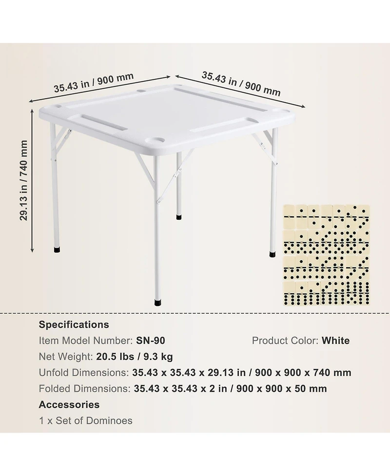 Mecale 35.4" Square Folding Mahjong Table for 4 Players, Cup Holders & Chip Trays, Includes Domino Set, Portable Game Table, White