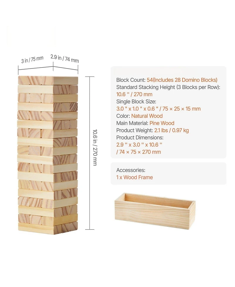 Mecale Tumbling Tower 54 Pine Wood Blocks with Storage Crate Multiple Games