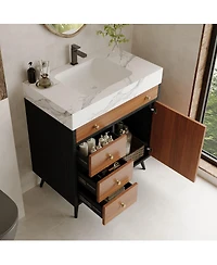 Sillysis 30 Inch Walnut Freestanding Bathroom Vanity with Sintered Stone Top, Modern Ceramic Sink, Gold Metal Legs, Storage Drawer