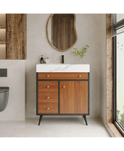 Sillysis 30 Inch Walnut Freestanding Bathroom Vanity with Sintered Stone Top, Modern Ceramic Sink, Gold Metal Legs, Storage Drawer
