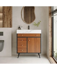Sillysis 30 Inch Walnut Freestanding Bathroom Vanity with Sintered Stone Top, Modern Ceramic Sink, Gold Metal Legs, Storage Drawer