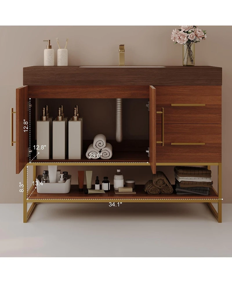Sillysis 36 Inch Freestanding Bathroom Vanity with Sintered Stone Top, Ceramic Sink, Gold Steel Legs, Modern Storage Drawers