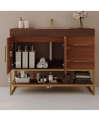 Sillysis 36 Inch Freestanding Bathroom Vanity with Sintered Stone Top, Ceramic Sink, Gold Steel Legs, Modern Storage Drawers
