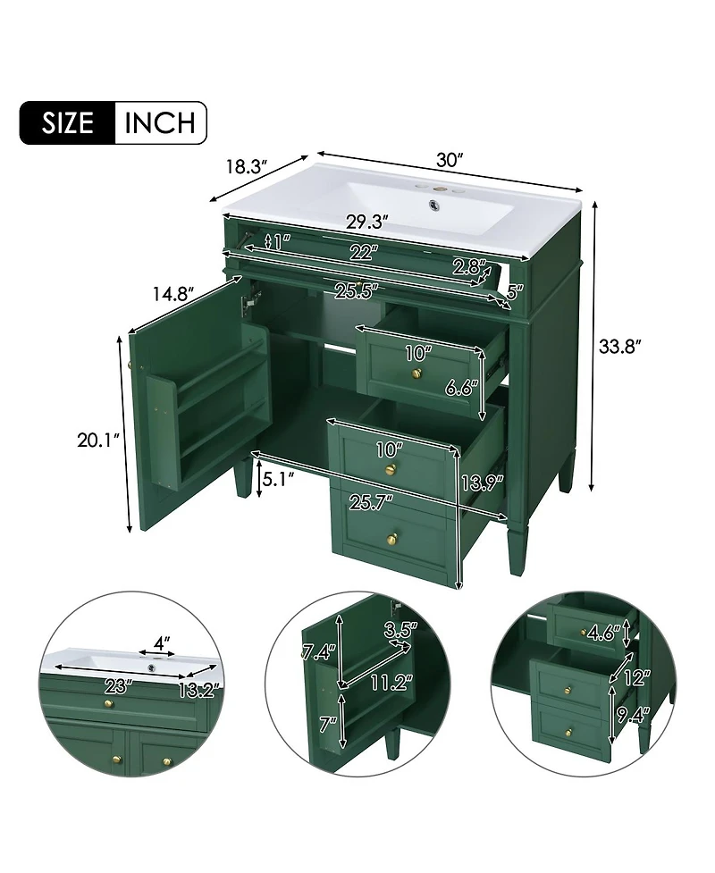 Sillysis 30 Inch Modern Bathroom Vanity with Mirror Cabinet, Solid Wood and Mdf, Ceramic Sink, Ample Storage for Home Bath