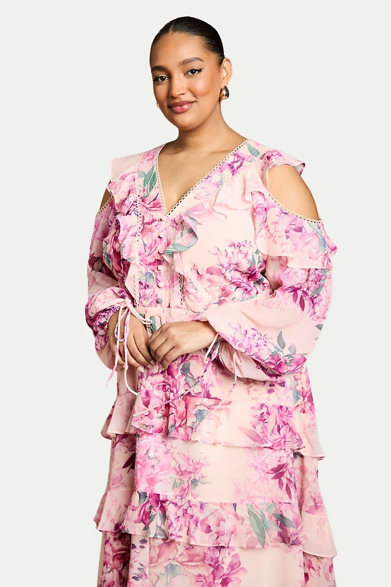 Coast Women's Shoulder Printed Ruffle Midi Dress